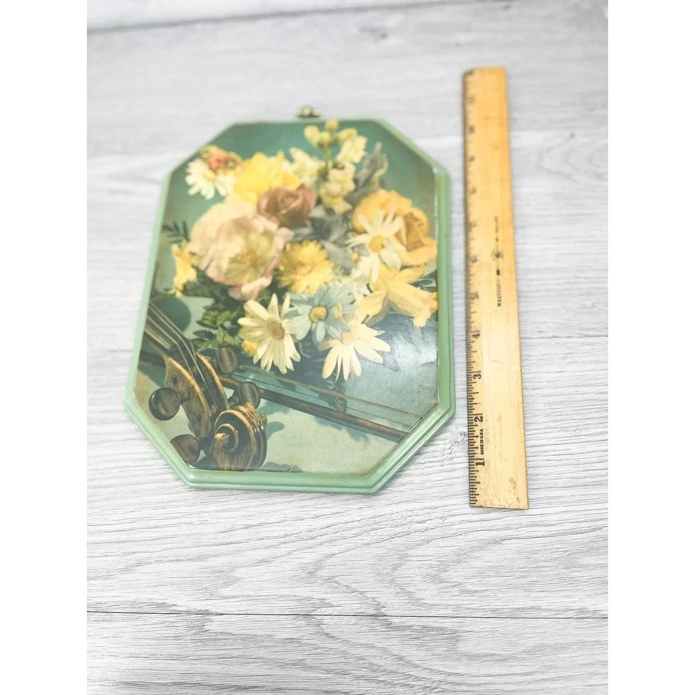 Vintage Floral Print on‎ Green Wood: Violin & Butterfly Art